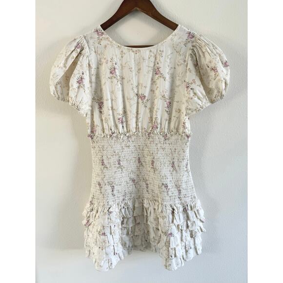 LoveShackFancy NWT Radia Smocked Cotton Cream Pink Floral Mini Dress size Large - Picture 11 of 16